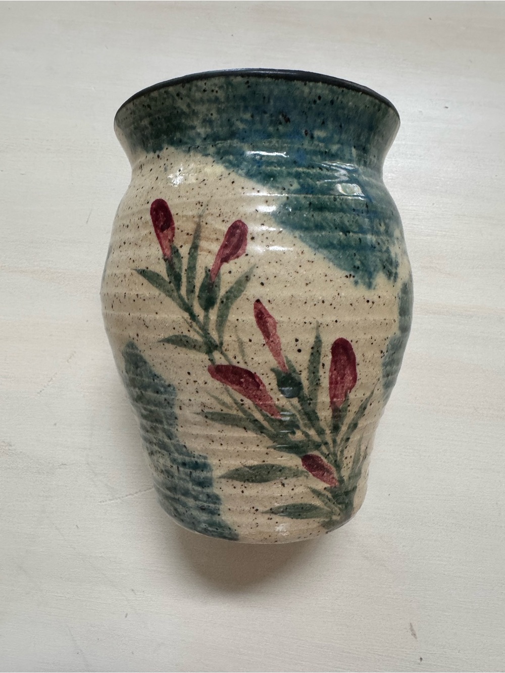 Malsnee Vintage Hand Painted Mottled Floral Pottery vase 2003 Signed